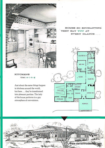 Seventh page c. 1960 mid century modern house plans brochure from MacMillin Construction Co., Scottsdale, Arizona. Page features black and white photo of kitchen interior, illustration of house exterior, and floor plans. Text reads: "Homes so enchanting they say YOU at every glance...Kitchen that s-i-n-g. Just about the same things happen in kitchens around the world, but here...they're transformed into pleasant pastime. The lady of the house performs in a gay atmosphere of convenience."