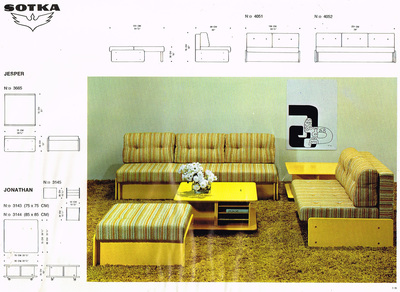 Jesper ottoman and sofas in yellow stripe, Jonathan coffee table models by Sotka, Finland, 1970.