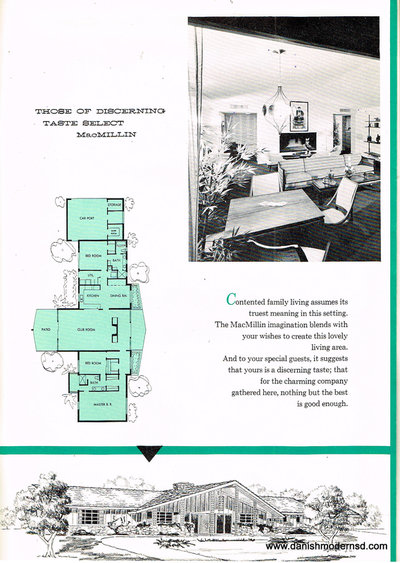Eighth page c. 1960 mid century modern home plans brochure from MacMillin Construction Co., Scottsdale, Arizona. Black and white photo of living room, illustration of house exterior, and floor plan is shown. Text reads: "Those of discerning taste select MacMillin. Contented family living assumes its truest meaning in this setting. The MacMillin imagination blends with your wishes to create this lovely living area. And to your special guests, it suggests that yours is a discerning taste; that for the charming company gathered here, nothing but the best is good enough."