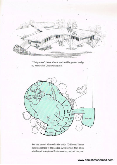 Eleventh page c. 1960 mid century modern home plane brochure from MacMillin Construction Company, Scottsdale, Arizona. Illustration of rounded home exterior is at top and is captioned with: "'Uniqueness' takes a back seat to this gem of design by MacMillin Construction Co."
Floor plan for house is at bottom and is captioned: "For the person who seeks the truly 'Different' home, here is a sample of MacMillin Architecture that offers a feeling of unexplored freshness every day of the year."