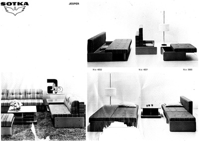 Jesper sofa sleepers and ottomans with Jonathan coffee table by Sotka, Finland, 1970.