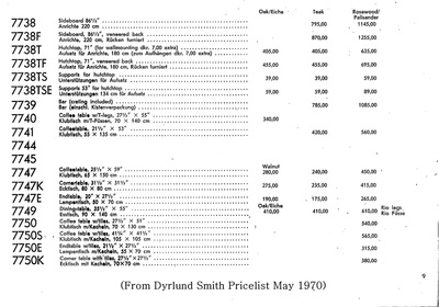 From Dyrlund Smith Pricelist May 1970: Dyrlund Bar 7739, 1968-1970 in bangkok teak or rio rosewood (palisander).