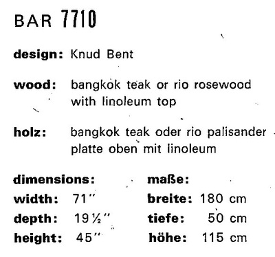 Dyrlund bar 7710, 1968-1970, designed by Knud Bent. Bangkok teak or rio rosewood with linoleum top. Bangkok teak oder rio palisander platte oben mit linoleum.