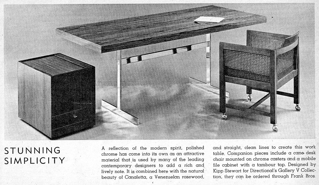 Kipp Stewart Directional Gallery V Collection 1970. Canaletta (a Venezuelan rosewood) and chrome base desk; cane desk chair mounted on chrome casters; mobile file cabinet with tambour top.