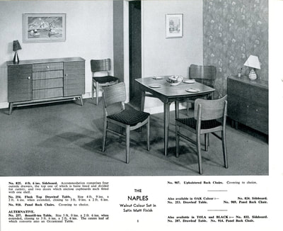 1957 Beautility Furniture Contemporary catalog, page 8, featuring The NAPLES Walnut Colour Set in Satin Matt Finish Sideboard, Drawleaf Table, Panel Back Chairs (Covering to choice), Beautili-Tea Table. Also available were Upholstered Back Chairs. Sideboard, Drawleaf Table, and Panel Back Chairs also available in OAK Colour ad TOLA and BLACK.