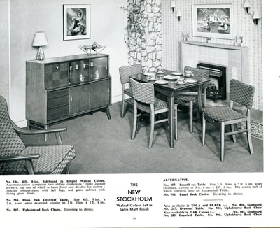1957 Beautility Furniture Contemporary catalog, page 10, The NEW STOCKHOLM Walnut Colour Set in Satin Matt Finish Sideboard, Drawleaf Table, Upholstered Back Chairs.