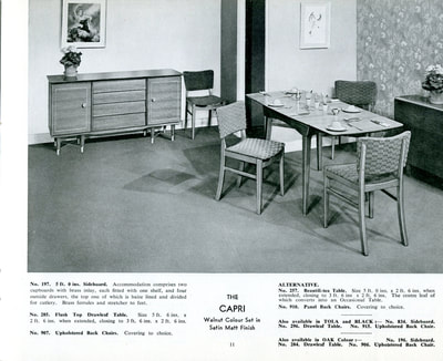 1957 Beautility Furniture Contemporary catalog, page 11, The CAPRI Walnut Colour Set in Satin Matt Finish Sideboard, Drawleaf Table, Upholstered and Panel Back Chairs, Beautili-Tea Table.