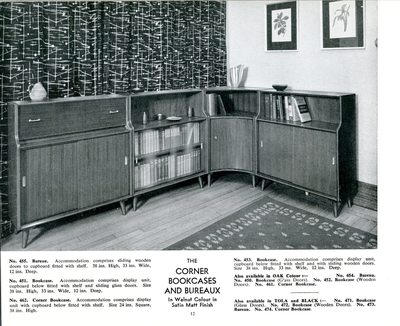 1957 Beautility Furniture Contemporary catalog, page 12, The CORNER BOOKCASES AND BUREAUX In Walnut Colour in Satin Matt Finish.