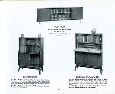 1957 Beautility Furniture Contemporary catalog, page 13, TOP BOX, BOOKCASES, and BUREAU-BOOKCASES.