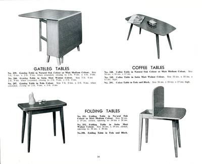1957 Beautility Furniture Contemporary catalog, page 14, GATELEG TABLES, COFFEE TABLES, FOLDING TABLES.