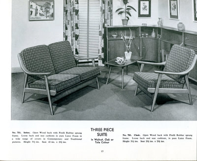 1957 Beautility Furniture Contemporary catalog, page 15, featuring THREE PIECE SUITE in Walnut, Oak or Tola Colour. Settee and Chair designed with Open Back and Pirelli Rubber sprung frame. Shown with Coffee Table, Bookcases, Corner Cupboard, and Bureau.
