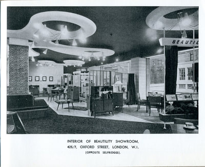 1957 Beautility Furniture Contemporary catalog, interior of back cover photo showing Interior of Beautility Showroom, 425/7, Oxford Street, London, W.I. (Opposite Selfridges).