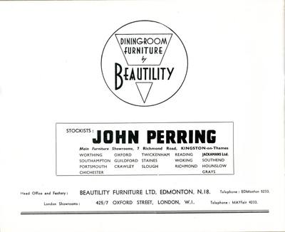 1957 Beautility Furniture Contemporary catalog back cover. "Dining Room Furniture by Beautility" logo, "Stockists: Joh Perring".