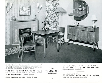 Beautility Furniture 1957 Contemporary Range catalog page 1. The GENOA SET in Tola Colour.