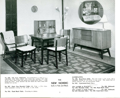 Beautility Furniture Contemporary Range 1957 catalog page 2. The NEW NORDIC Suite in Tola and Black.