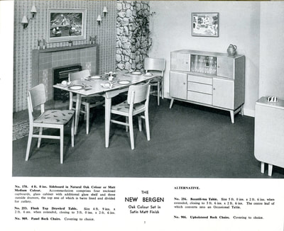 1957 Beautility Furniture Contemporary catalog, page 5, The NEW BERGEN Oak Colour Set in Satin Matt Finish.