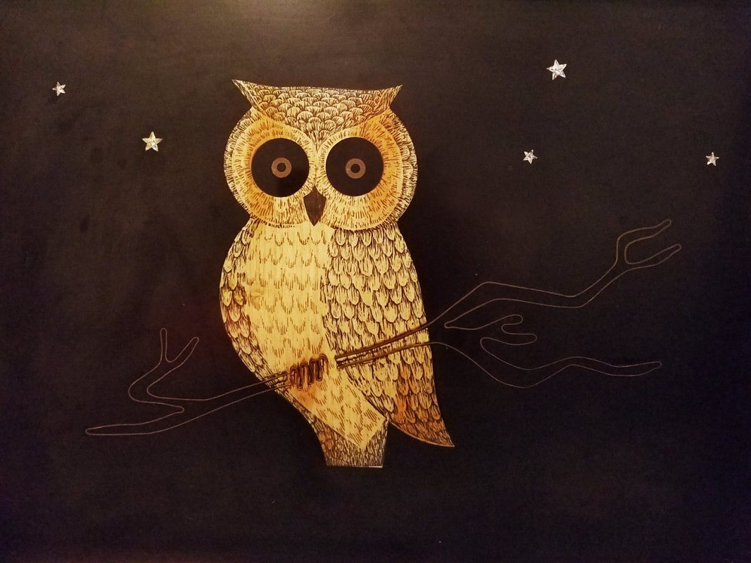 Couroc of Monterey owl tray inlaid with wood and crystal stars.