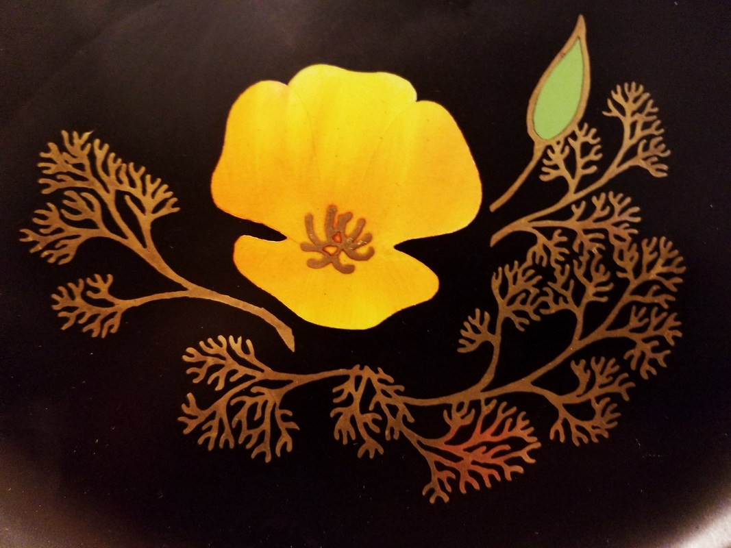 Golden California Poppy inlaid Couroc of Monterey tray and plates set from Danish Modern San DIego.