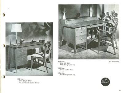 Desk with file drawer and desk with Naugahyde shown with side and arm chairs. Designed by John Van Koert for Drexel Profile, January 1960.
