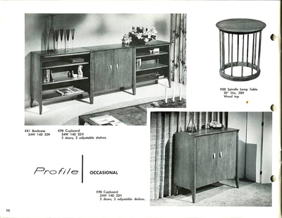Bookcase, cupboard, and spindle lamp table designed by John Van Koert for Drexel Profile, January 1960.