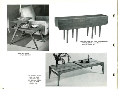 Step end table, cocktail and coffee table with Travertine or marble top, and drop-leaf sofa table designed by John Van Koert for Drexel Profile, January 1960.
