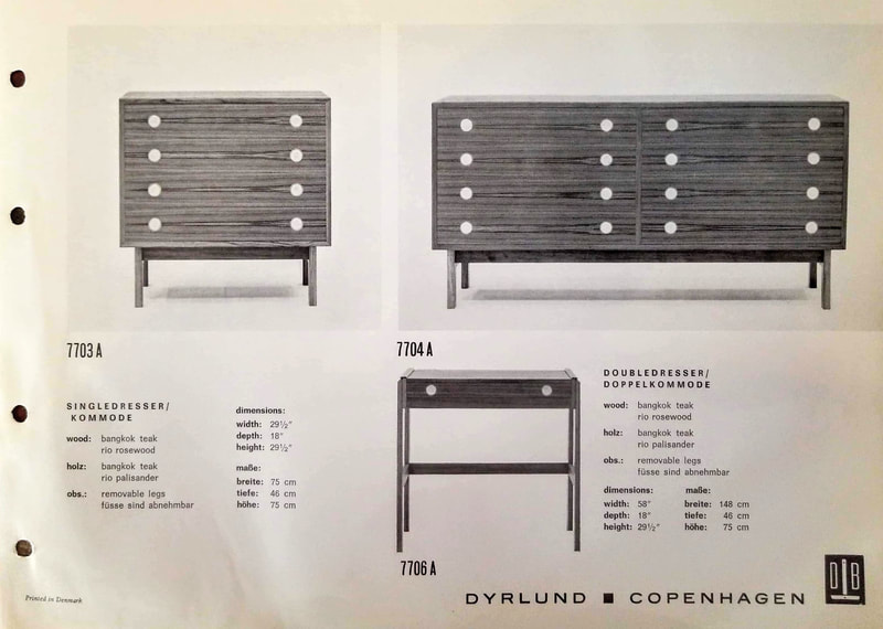 Dyrlund Copenhagen Single Dresser, Double Dresser and  Vanity Table as featured in the 1968 to 1970 catalog.