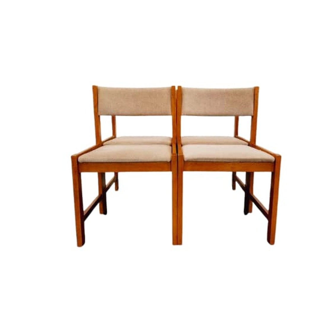 Set of four vintage Danish Modern birch wood armless dining chairs with original cream velour upholstery on backs and seats.
