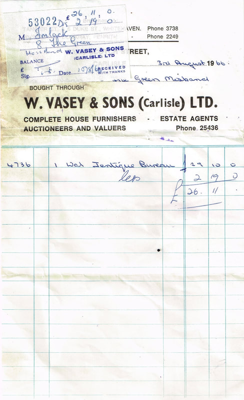 W. Vasey and Sons receipt from August 3, 1966 for the sale of one walnut Jentique bureau.