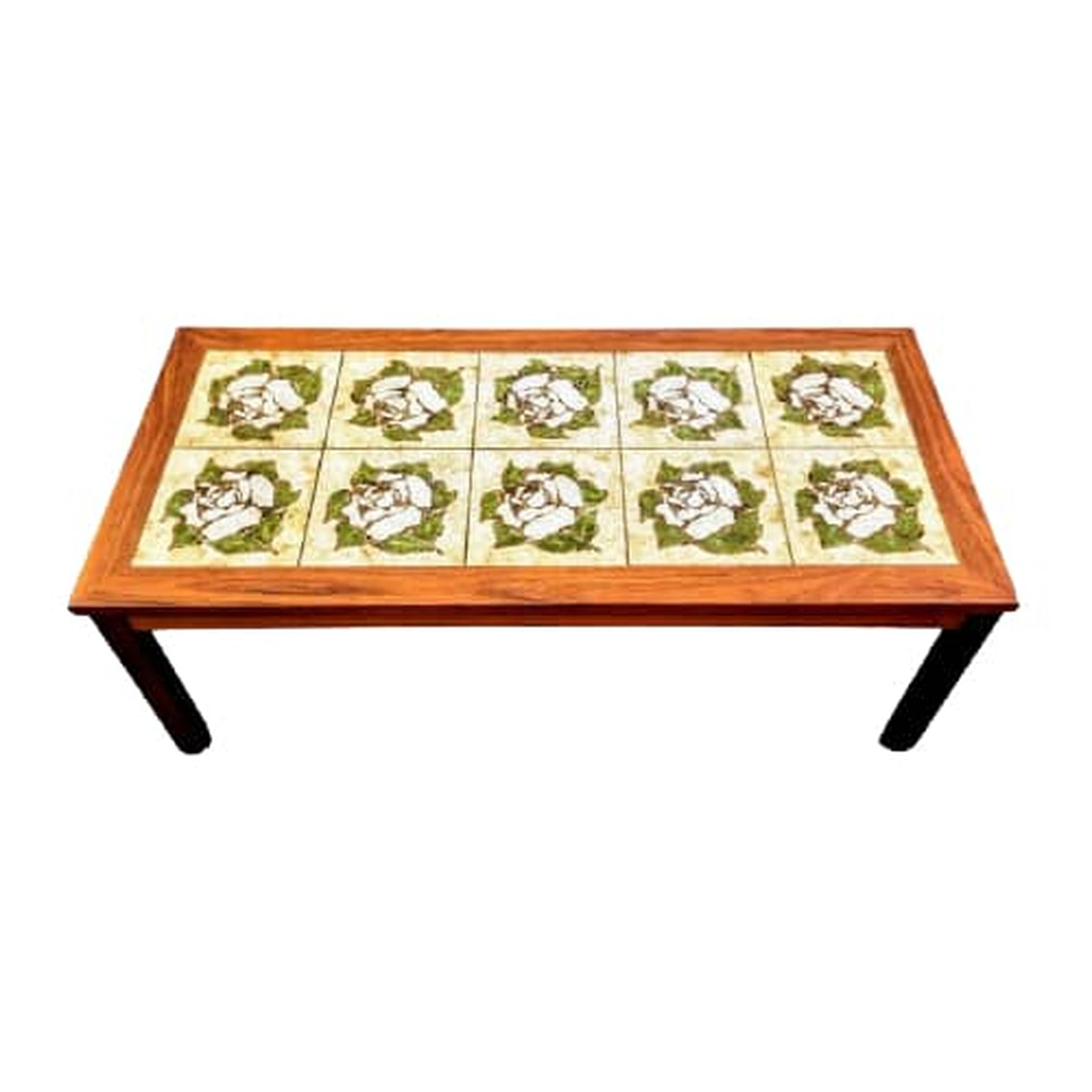 Vintage Danish Modern teak coffee table. Ceramic tiles inset into top feature white roses with green leaves against a mottled white and yellow background.