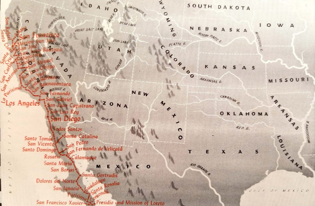 Map showing the California mission trail, the Royal Highway, El Camino Real.